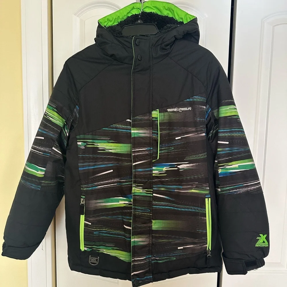Youth ZeroXposur Winter Jacket Black Green Large 14/16 Zip Up Hood Pockets Lined